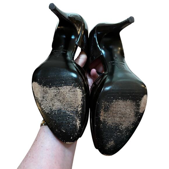 Ann Taylor dark brown/black patent leather platform high heel peep toe shoes 8M - Picture 5 of 11